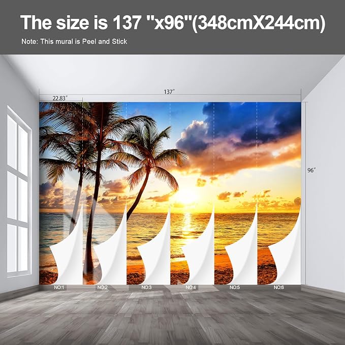 Beach Large wall murals at Dusk Peel and Stick self Adhesive Sunset Wallpaper for Bedroom Living Room - 96"x137" - Image 2