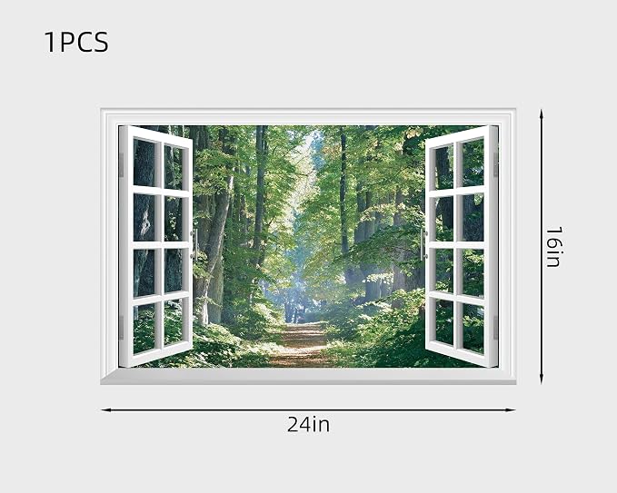 FLFK Fake Window Wall Decal - Road in The Forest Faux Window Wall Mural for Wall Decor, Peel and Stick Wall Sticker,24"x16" - Image 2