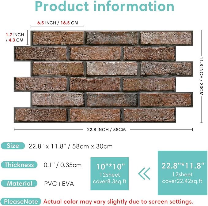 Commomy Faux Brick 3D Wall Panels - Not Real Brick 12 pcs of 22.8" x 11.8" | Thin UrltraLight PVC Matte Peel and Stick Brick Tile Retro Printable for Kitchen,Bedroom, Living Room（Covers 22.48 sq.ft） - Image 6
