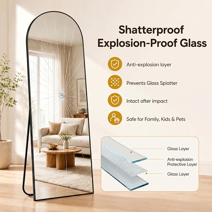 Antok Full Length Mirror, 46"x86" Floor Mirror with Stand, Black, Arched - Image 4