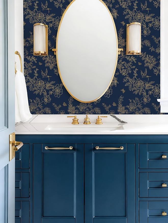Froluya Dark Blue Peel and Stick Wallpaper Vintage Floral 17.7in×196.8in | Navy Blue and Gold Floral Self Adhesive Wall Paper Dark Birds Removable Decorative Contact Paper for Bathroom Cabinets Vinyl - Image 5