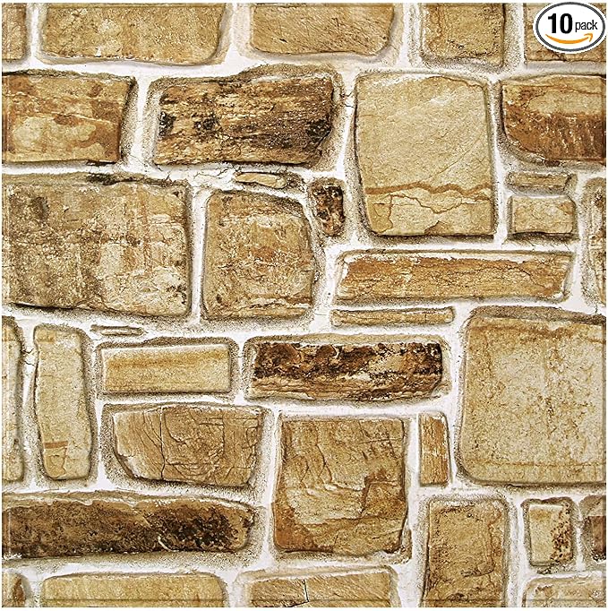 COMSTICKC 3D Faux Stone Wall Panels Peel and Stick, 10 Pcs 11.8" x 11.8" | Yellow Brown, Not Real Stone, Ultra-Light Thin PVC 3D Fake Rock Wall Sticker Covering for DIY Interior Decor, Cover 9.7 sq ft by COMSTICKCDECOR