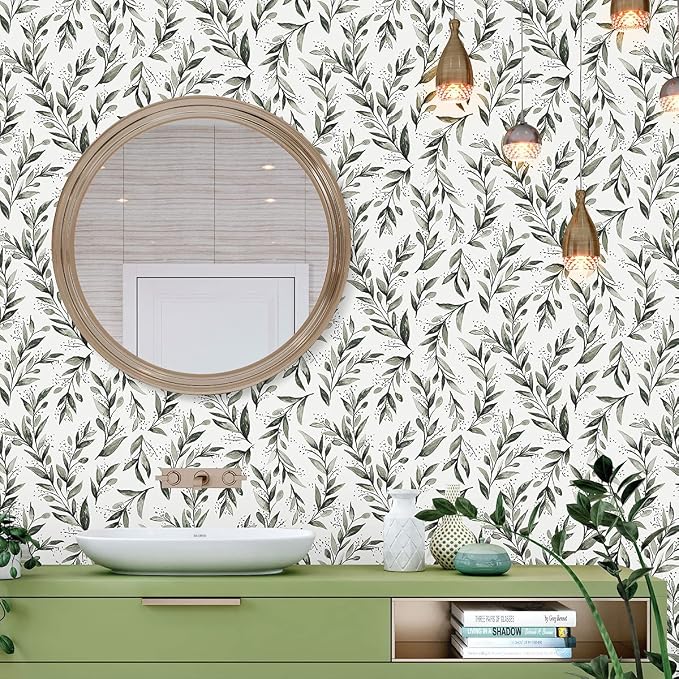 Livebor Green Leaf Peel and Stick Wallpaper Olive Leaf Contact Paper 17.7inch x 393.7inch Sage Green Wallpaper Peel and Stick Eucalyptus Farmhouse Wall Paper Neutral Self Adhesive Decorative Vinyl | Olive Leaf Peel and Stick Wallpaper Eucalyptus Farmho... - Image 7