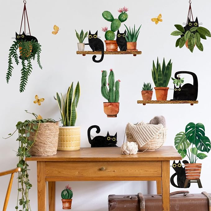 Yovkky Black Cats Potted Plant Wall Decals Stickers | Cartoon Kitty Botanical Bonsai Nursery Playroom Decor, Cactus Kids Bedroom Home Classroom Living Room Kitchen Decorations Art by Yovkky
