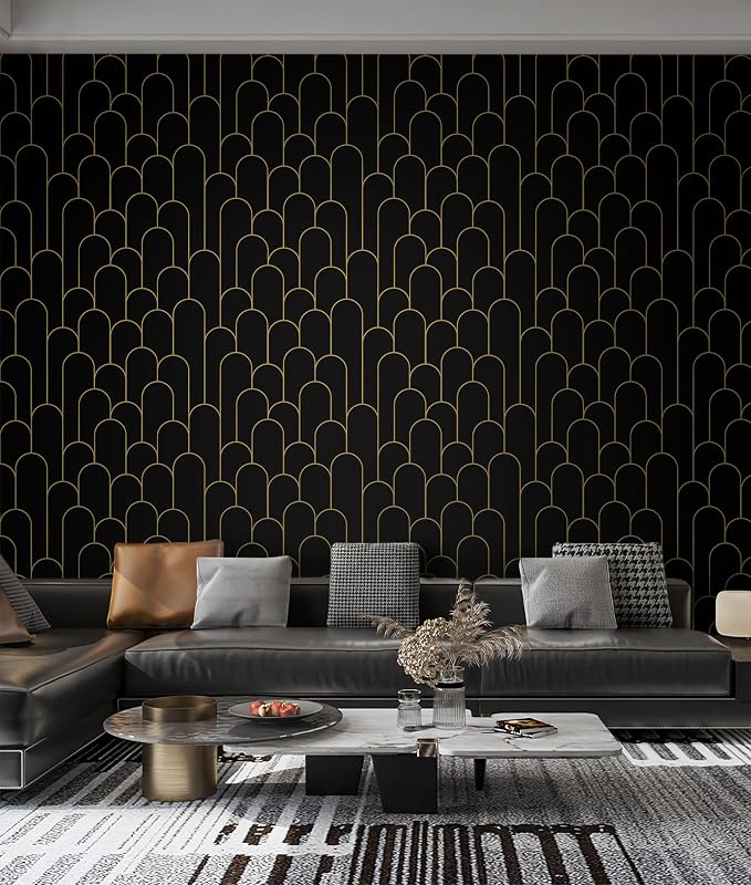 Yasinet Peel and Stick Wallpaper Black and Gold Wallpaper Modern Geometric Contact Paper for Bedroom Black Removable Self Adhesive Waterproof Wall Paper for Bathroom cabinets Vinyl 17.3”x393.7” - Image 6