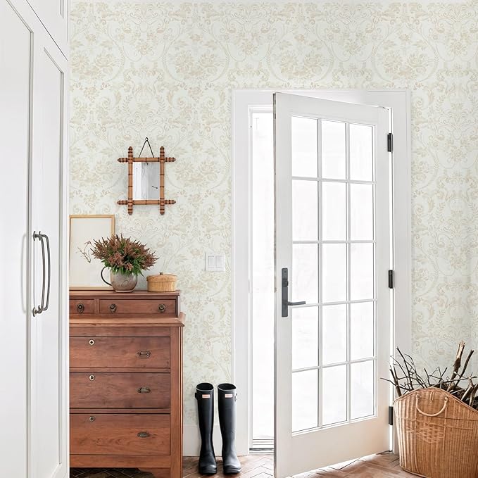 Ismoon Floral Peel and Stick Wallpaper Vintage Beige Contact Paper Watercolor Damask Wallpaper Boho Waterproof Removable Self-Adhesive Wall Paper for Bedroom Shelf Cabinet Décor 17.3in x 32.8ft - Image 4