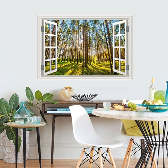 Fake Window Wall Decal- Morning Sunlight in The Forest Open Wall Sticker | Faux Window Natural Scenery Landscape Mural｜ Stick and Peel Decals｜for Home Room Bedroom Office Scene Picture Decor｜24"x16" - Image 4