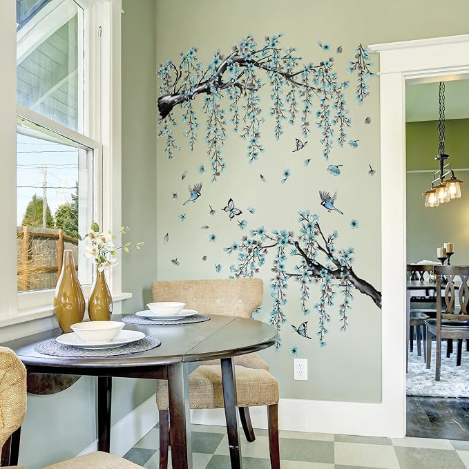 Blue Cherry Blossom Wall Stickers, Spring Watercolor Blue Flower Tree Wall Decals Bird Butterfly Peel and Stick Wall Murals Decor for TV Background Living Room Bedroom (Ink Blue) - Image 4