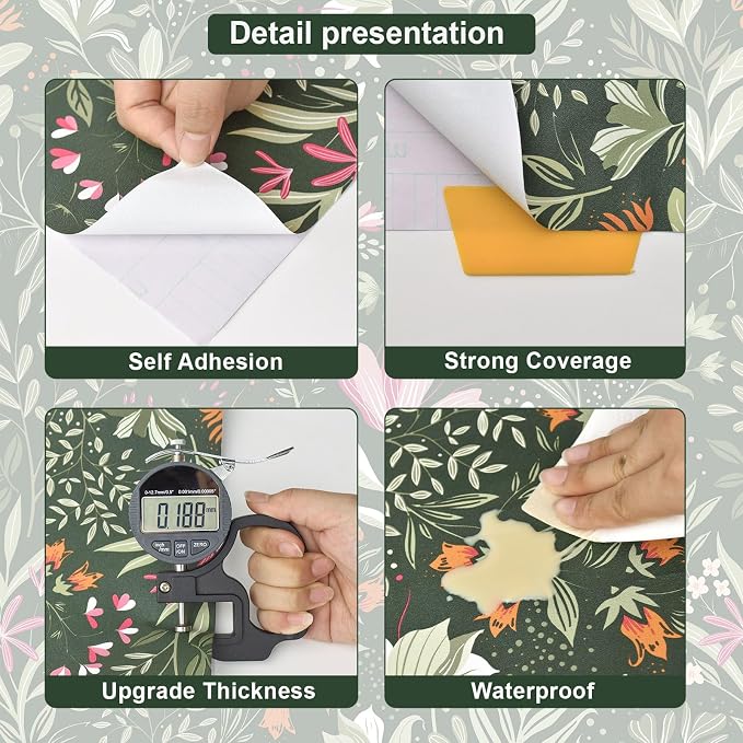 Fititem Green Floral Peel and Stick Wallpaper Boho Dark Vintage 17.3”×591” | Floral Self Adhesive Contact Paper Botanical Nature Removable Wildflower Wallpaper Waterproof Wallpaper for Bathroom Bedroom - Image 3