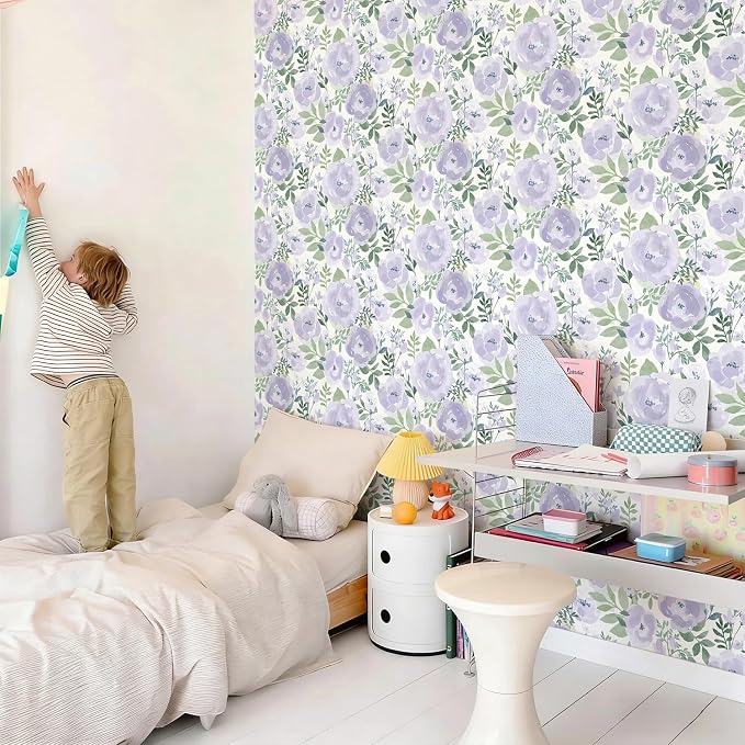 Orainege Floral Wallpaper Peel and Stick Wallpaper Floral Contact Paper | 16.9in x196.8in Boho Peony Self Adhesive Removable Wall paper for Bedroom Living Room Decor Vinyl, Purple - Image 2