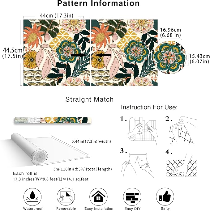 HAOKHOME Tropical Peel and Stick Wallpaper Boho Floral Botanical Bathroom | Textured Removable Waterproof Renter Friendly Wall Paper Cream Pink Green Leaf Floral Abstract Bohemian Bedroom 17.3in x9.8ft - Image 6