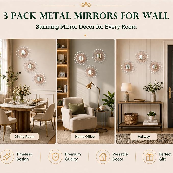3 Pack Metal Mirrors for Wall Sunburst Wall Mirrors Home Décor Decorative Hanging Wall Art for Living Room Bedroom Entryway (Rose Gold2 Crystal, Flower+Sunburst) - Image 7