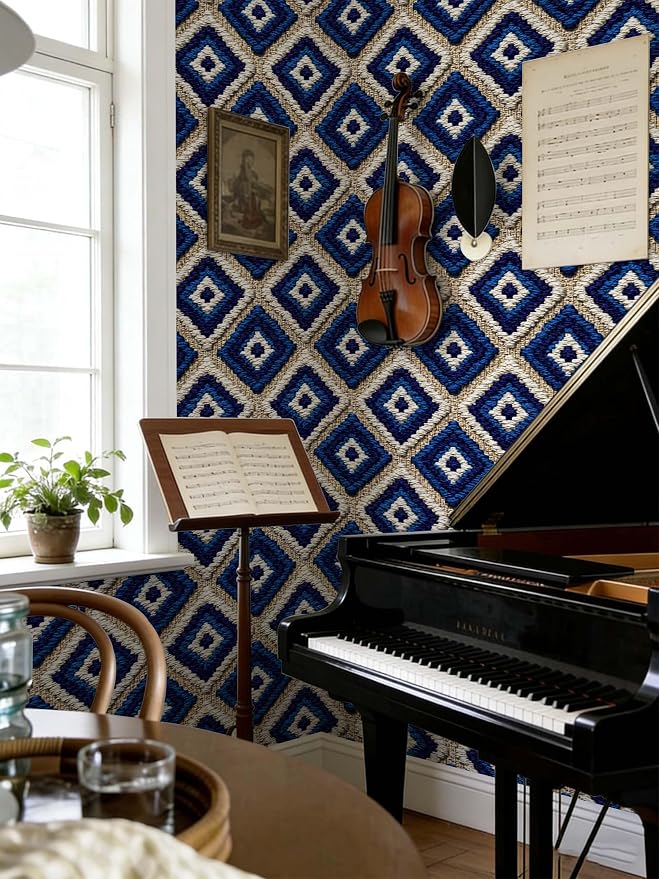 Stickorama Boho Tufted Textured Geometric Fabric Peel and Stick Wallpaper Self Adhesive 17.72" x 118.12'' Navy Blue Rhombus Wall Paper Renter Friendly Removable Waterproof for Living Room Bedroom - Image 4