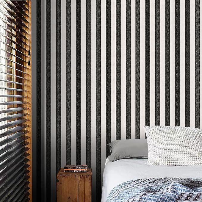 Black Stripe Peel and Stick Wallpaper 15.7" x 472" | Black and White Striped Boho Self-Adhesive Contact Paper Removable Waterproof Wallpaper for Bedroom,Cabinets,Drawer Liners - Image 7