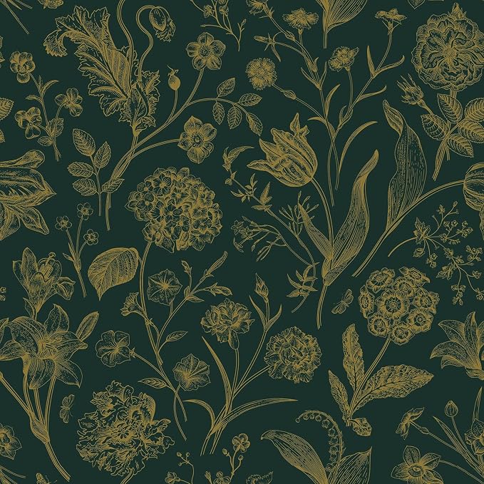Dark Green and Gold Floral Peel and Stick Wallpaper 17in x118in | Floral Wallpaper Boho Removable Contact Paper Botanical Self Adhesive Decor Flower Wall Paper for Cabinets Bathroom by lenify