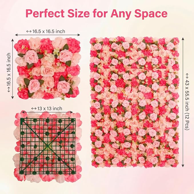 Flower Wall Backdrop 12 Panels 16.5x16.5 Inch Dark & Light Pink | 3D design, realistic look, Seamless Design,eco-friendly,easy to assemble,reusable,.Suitable for weddings,Party,home décor - Image 3