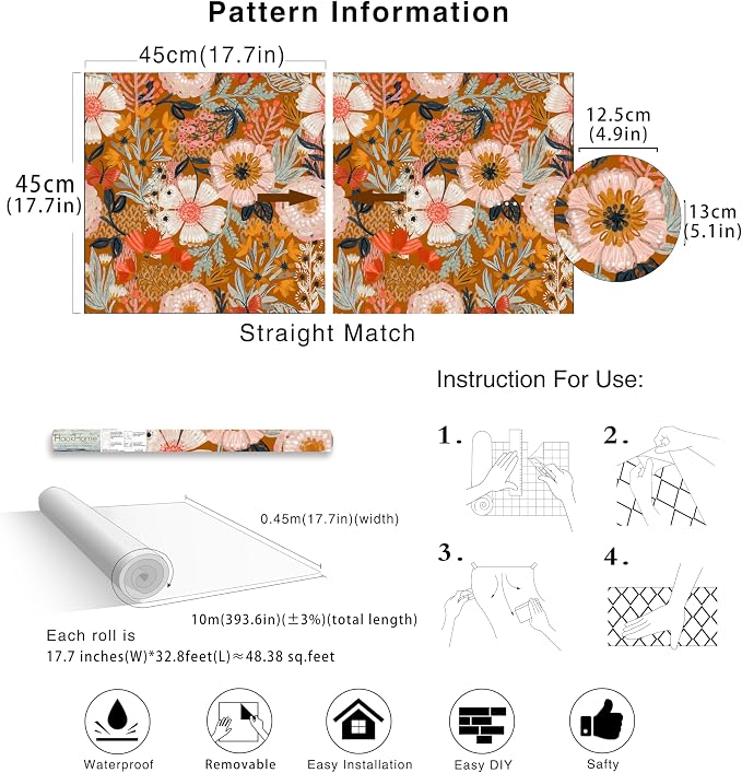 HAOKHOME Orange Floral Peel and Stick Wallpaper Boho Vintage 17.3in x32.8ft | Botanical Textured Wall Paper Renter Friendly Removable Pink Flowers Bathroom Bedroom Accent Decor Stick on Contact Paper - Image 7