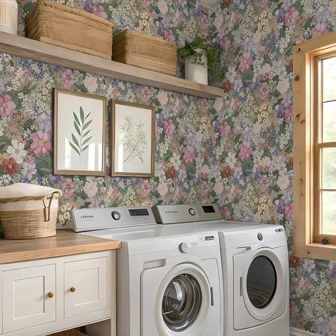 Ismoon Floral Peel and Stick Wallpaper Vintage Wallpaper 17.3in x 6.56ft Pink/Green Floral Wall Paper Boho Waterproof Removable Self-Adhesive Wall Paper for Nursery Bedroom Shlef Cabinet Décor - Image 5