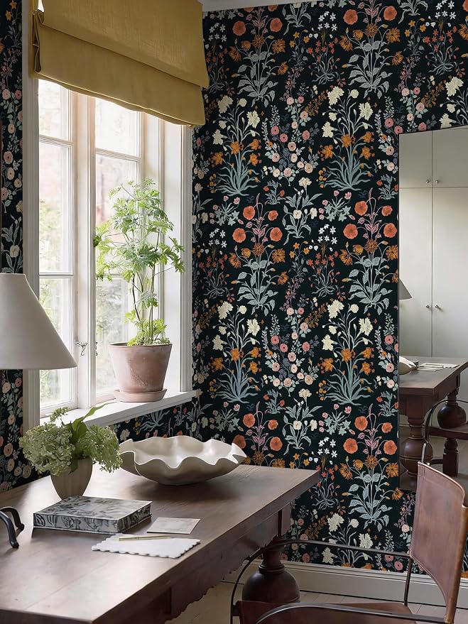 Floral Peel and Stick Wallpaper Vintage Wallpaper Dark Blue Wall Paper Wildflower Contact Paper for Cabinets Vinyl Renter Friendly Waterproof Self-Adhesive Bathroom Kitchen Bedroom 1.44’x 32’ - Image 7