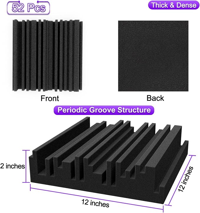 TroyStudio Thick Acoustic Foam Panels, 12 X 12 X 2 Inch 52 Pcs Broadband Sound Absorbing Foam, Dense Soundproof Padding Tile, Recording Studio Foam Absorber, Groove Decorative 3D Wall Ceiling Panel - Image 2