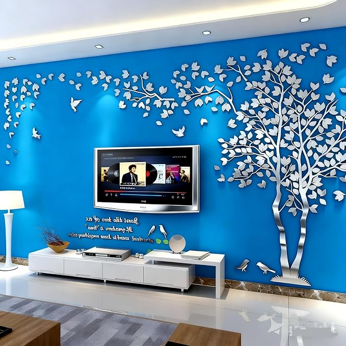 Family Tree Wall Decor Decals - DIY 3D Tree of Life Wall Art Large Decal Stickers Silver Decor Living Room Mural for Bedroom Hallway Home TV Background (Silver Right,M-98X51in) by guangmu