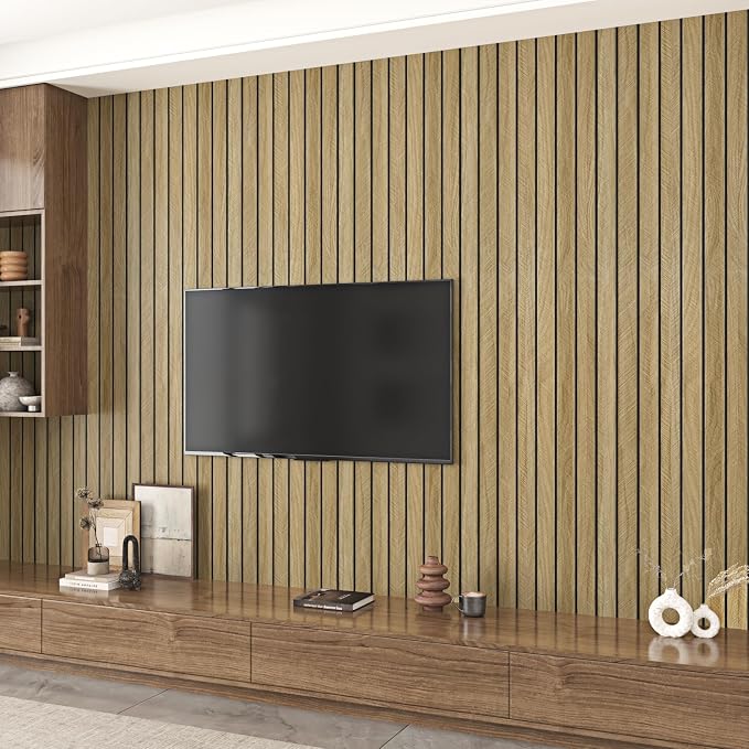 Brown Wood Wall Panels Self Adhesive 3D Peel and Stick Wood Panels | Removable Acoustic Wall Paneling Faux Wooden Stick on Wall Panels for Bedroom Living Room Panel Slat Wallpaper 11.8 x 118 in - Image 3