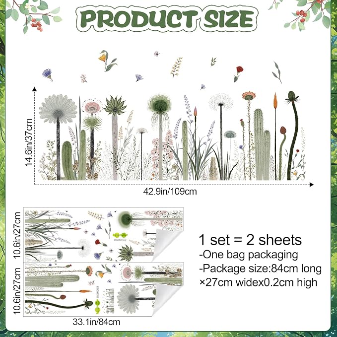 2 Pack Floral Baseboard Wall Stickers - Removable Peel & Stick Decals (3 Styles: Reeds, Flowers, Dandelions) - DIY Home Decor for Kids Girls Walls, Nursery, Classroom Wall Corner (Dandelions) - Image 2