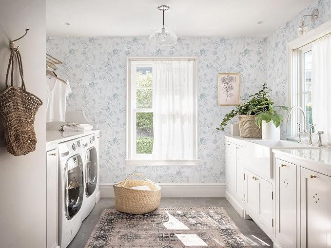 Dimoon 17.3''x78.7'' Boho Peel and Stick Wallpaper Floral Brid Modern Contact Paper Soft Dusty Blue Retro Wallpaper Removable Renter Friendly Waterproof Embossed Kitchen Bedroom Bathroom Decor Vinyl - Image 8