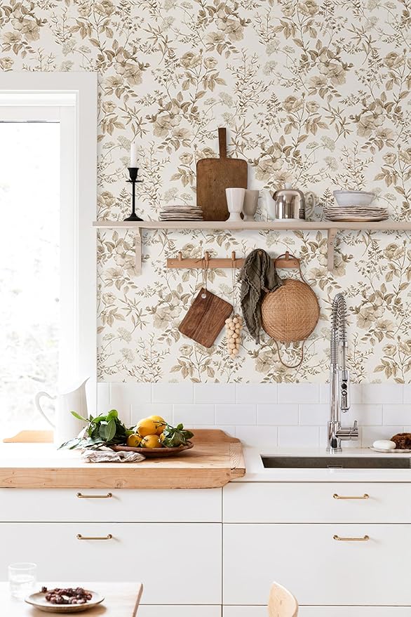 Erfoni Boho Floral Peel and Stick Wallpaper Beige Flower Leaf Contact Paper | 16.9" x118" Self Adhesive Removable Wallpaper Boho Botanical Wallpaper for Bedroom Cabinets Decor Vinyl Roll Waterproof - Image 4