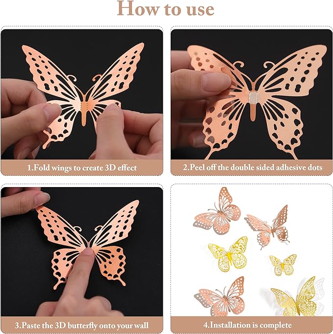 SAOROPEB 3D Butterfly Wall Decor, 48 Pcs 4 Styles 2 Color 3 Sizes, Removable Metallic Wall Sticker Room Mural Decals for Kids Bedroom Nursery Classroom Party Decoration (2 Color) | 4 Styles 2 Color 3 Sizes, Removable Metallic Wall Sticker Room Mural De... - Image 6