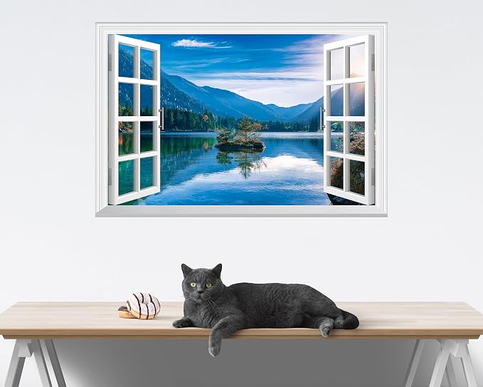 FLFK Fake Window Wall Mural - Mountain Lake Faux Window Wall Sticker for Wall Decor, Peel and Stick Wall Decals,48"x32",Set of 2 Sheets - Image 3