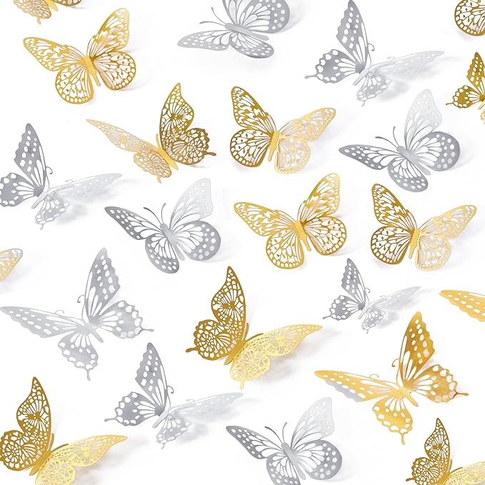 SAOROPEB 3D Butterfly Wall Decor 48 Pcs 4 Styles 3 Sizes, Butterfly Birthday Decorations Party Decorations Cake Decorations Wedding Decor, Removable Stickers (Gold, Silver) | 4 Styles 3 Sizes, Party Decorations Birthday Cake Decorations Wedding Decor, ... by SAOROPEB