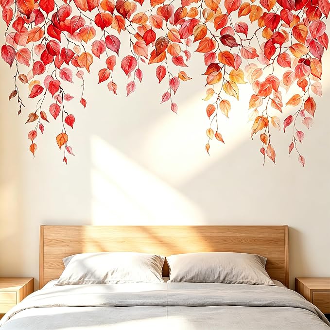 Autumn Leaves Wall Decals Peel and Stick, Large Leaves Vines Vinyl Wall Stickers, Removable Vine Home Decor Art for Bedroom Living Room Classroom Office by VePret