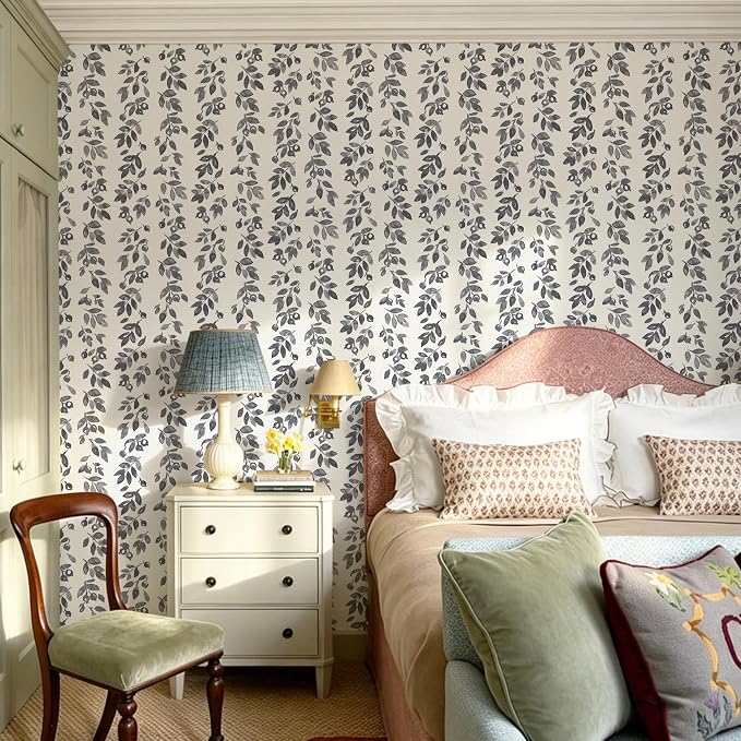 Ismoon Grey Wallpaper Peel and Stick Vintage Wallpaper 17.3in x 16.4ft Dark Grey Leaf Contact Paper Vintage Cottage Wall Paper for Bedroom Bathroom Kitchen Nursery Removable Vinyl - Image 7