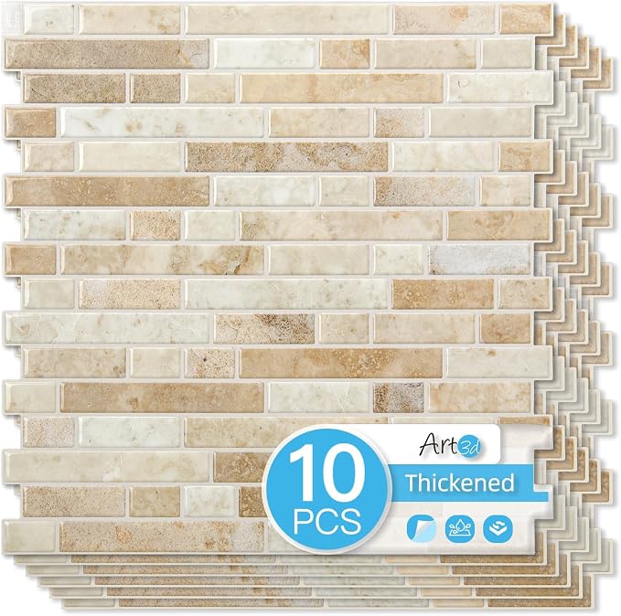 Art3d Linear Tile Peel and Stick Backsplash, 10-Pack, Eurasian Mocha Stone | 12 x 12 Inch, Enhanced Thickness, Warp Resistant, Strong Adhesion, Sturdy, for Kitchen, Bedroom, Ideal for Home Improvement by Art3d