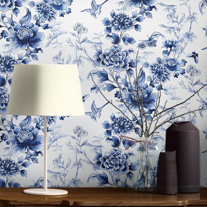 RUSPEPA Peel and Stick Wallpaper - Blue Flower White Design Self Adhesive Removable Wallpaper Decorative Waterproof Contact Paper for Cabinets, Walls - 17.3 Inch x 6.5 Feet - Image 6