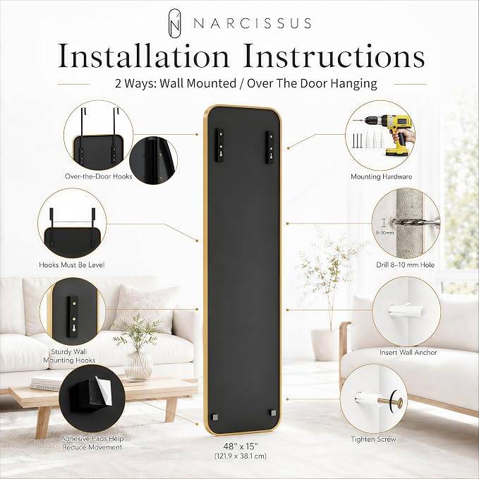 NARCISSUS Over the Door Full Length Mirror 47x14 Inch, Wall Mounted Dressing Mirror, Door Hanging Full Body Mirror HD Reflection Glass for Bedroom, Aluminum Alloy Frame Gold - Image 6
