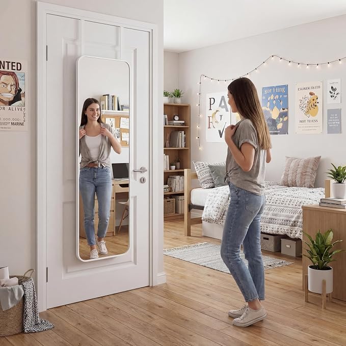 Thyle Over The Door Mirror 16x48'' Full Length Dorm White Mirror with Adjustable Hooks Wall Mounted for College School Classroom Affirmation Station Back Door Bedroom Entryway Long Body - Image 5