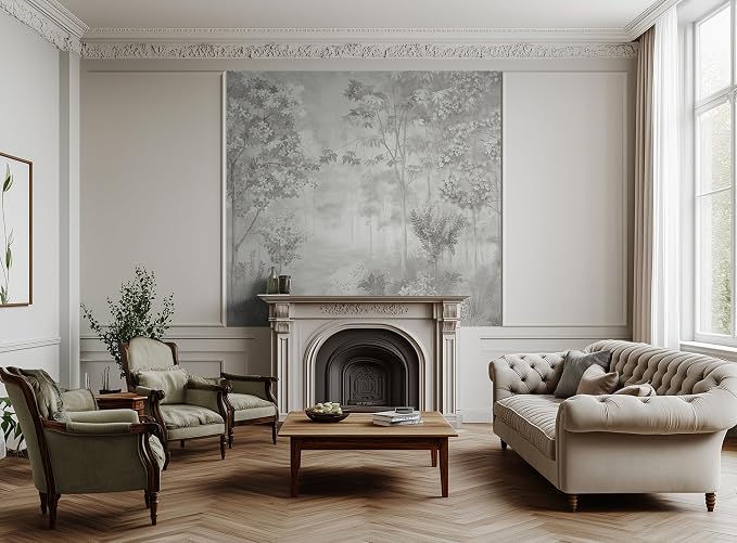 ASJ Forest Peel and Stick Wallpaper Mural, Misty Monochrome Warm Gray | Seamless edge-to-edge match. Sketch tree leaf landscape artwork, 177x102 in, premium fabric, living room bedroom. - Image 3