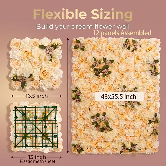 Flower Wall Backdrop, 12 Panels, 16.5x16.5 Inch, Champagne Rose | 3D design, realistic look, Seamless Design,eco-friendly,easy to assemble,reusable,.Suitable for weddings,Party,home décor - Image 7