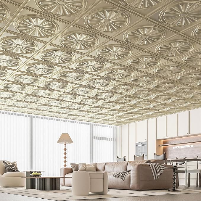 Art3dwallpanels Ceiling Tiles, 24 x 24 Inch, Gold, 12 Pack | Drop Ceiling Tiles, High Grade PVC, 3D Wall Panels for Interior Wall Decor, Fire Rated, Waterproof, Light Weight - Image 6
