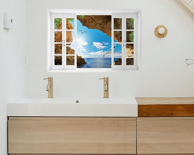 FLFK Fake Window Wall Decal - Seascape with Seagulls View Peel and Stick Mural, 24 x 16 inches - Image 5