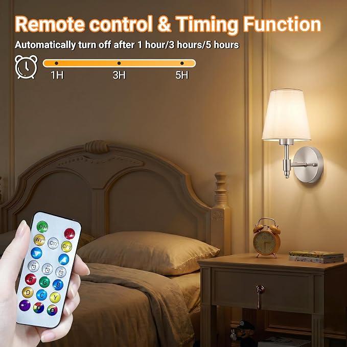 Nekhung Battery Operated Wall Sconce, Peel and Stick Sconces Set of 2 | Wireless Adhesive Stick On Wall Sconce, 10000mAh Rechargeable RGB Bulb with Remote, No Drill Wall Light for Bedroom Decor - Image 7