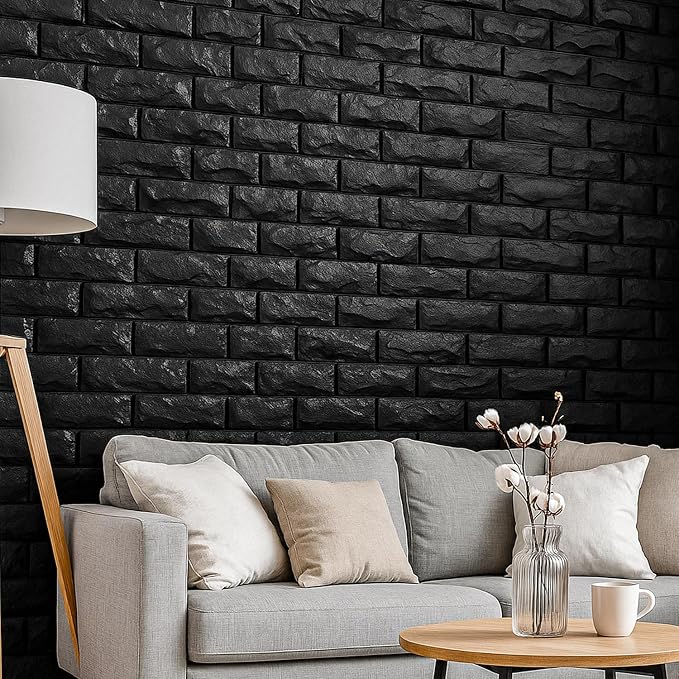 Circloophs 30 Pcs 3D Wall Panels Stick and Peel, Black Brick Printable 3D Wallpaper Stick and Peel Self Adhesive Waterproof Foam Faux Brick Paneling for Bedroom, Bathroom, Kitchen, Fireplace - Image 3