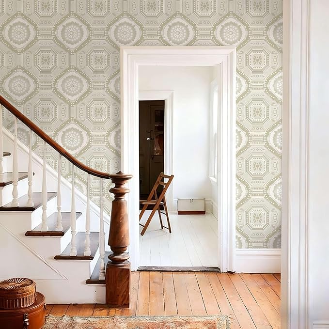 Neutral Vintage Wallpaper Tile Botanical Peel and Stick Wallpaper | Beige geometric floral tile seamless print, Removable waterproof vinyl wall covering, bedroom accent wall decor - Image 7