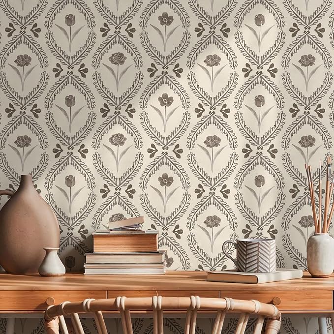 Orainege Vintage Wallpaper Peel and Stick Brown Floral Wallpaper | 16.9in x393.7in Vinyl Removable Self Adhesive Botanical Wallpapers for Bedroom Living Room Décor - Image 2