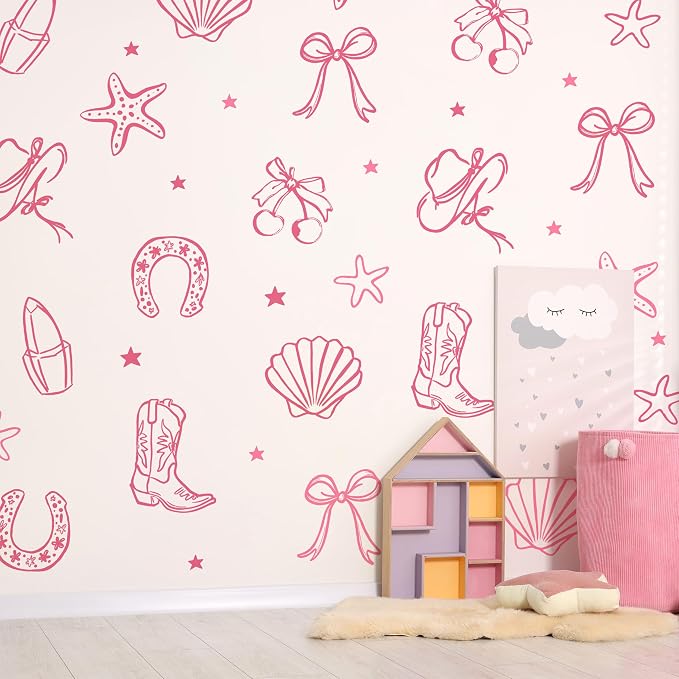 Seaside Cowgirl Wall Decals, Peel and Stick Under the Sea Coastal Cowgirl Mural, Western Beach Wall Stickers for Kids, Boys and Girls Room & Nursery Decor ((Pink Cowgirl Bow Wall Decals) by Unknown
