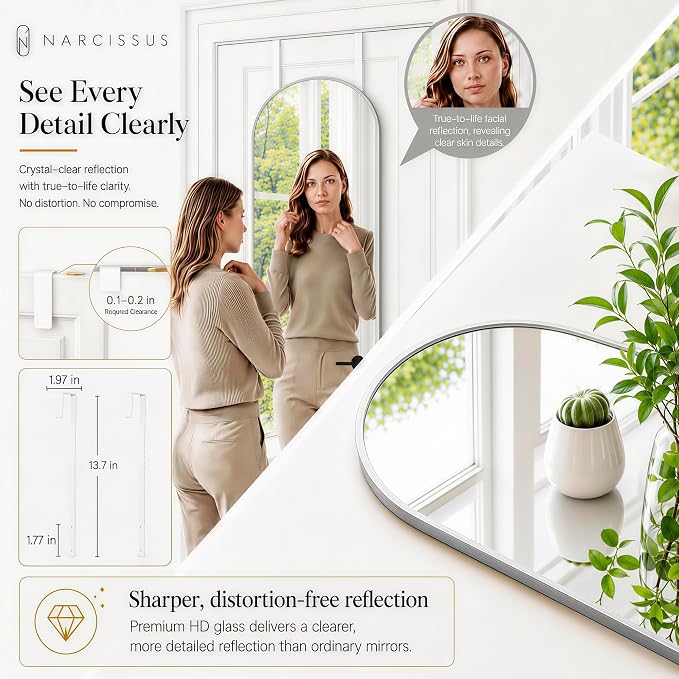 NARCISSUS Full Length Mirror 57x16 Inch, Over The Door Mirror with Stand, Wall Mounted or Freestanding/Door Hanging Full Body, Aluminum Alloy Frame, Silver - Image 8