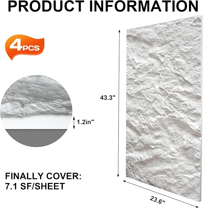 KASARO 3D Faux Stone PU Wall Panels, 4 Pack Cement Texture White | Thicker PU wainscoting panels with realistic stone texture for accent walls, home & office decor, easy install, 43.3" x 23.6" - Image 4