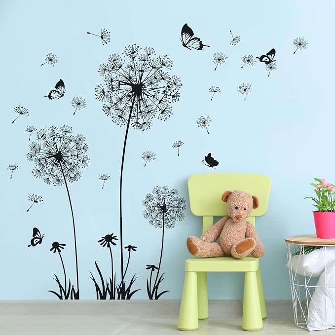 Dandelion Wall Decals Removable Flower Wall Stickers Peel and Stick Floral Butterfly Murals Party Decoration for Bedroom Living Room Sofa Backdrop TV Dandelion Wall Decor (Black) - Image 6